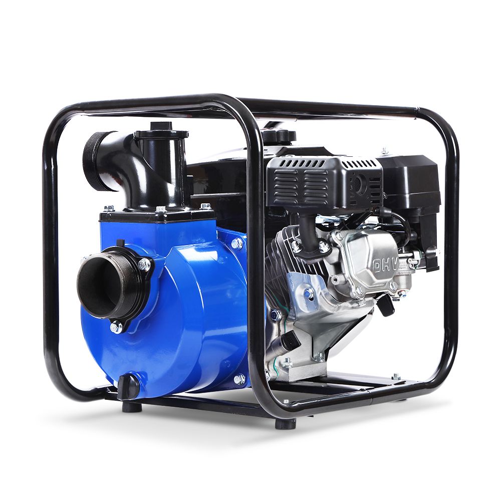 A blue and black Giantz Petrol Water Pump 3" High Flow Transfer Fire Fighting Irrigation encased in a sturdy black metal frame. The machine, designed for heavy-duty use with a 60,000L/h flow rate, has various pipes and components visible. It is displayed on a plain white background.