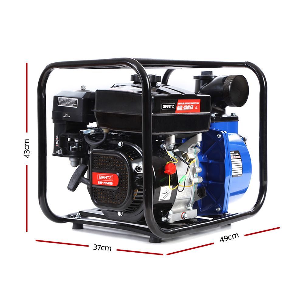 A blue and black Giantz Petrol Water Pump 3" High Flow Transfer Fire Fighting Irrigation encased in a sturdy black metal frame. The machine, designed for heavy-duty use with a 60,000L/h flow rate, has various pipes and components visible. It is displayed on a plain white background.