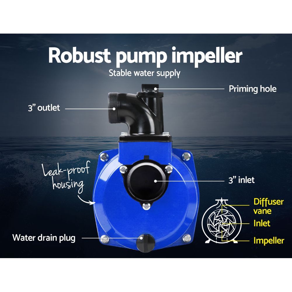 A blue and black Giantz Petrol Water Pump 3" High Flow Transfer Fire Fighting Irrigation encased in a sturdy black metal frame. The machine, designed for heavy-duty use with a 60,000L/h flow rate, has various pipes and components visible. It is displayed on a plain white background.