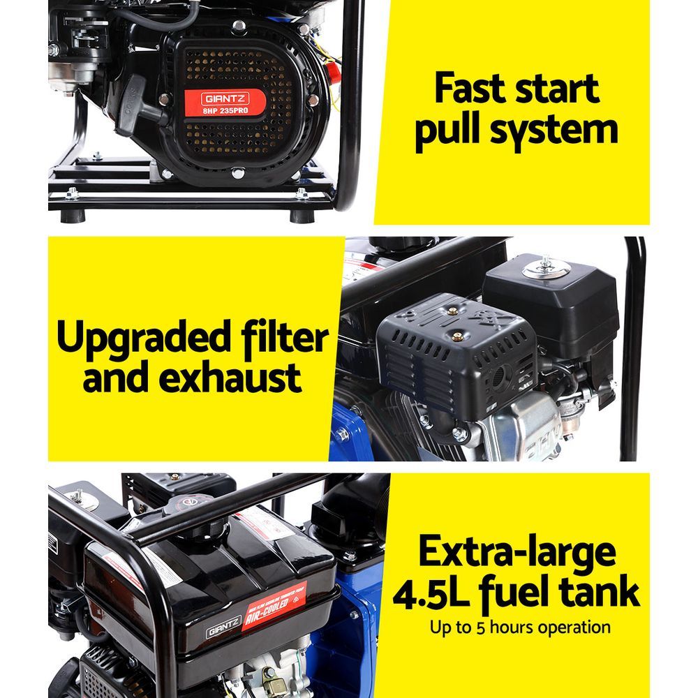 A blue and black Giantz Petrol Water Pump 3" High Flow Transfer Fire Fighting Irrigation encased in a sturdy black metal frame. The machine, designed for heavy-duty use with a 60,000L/h flow rate, has various pipes and components visible. It is displayed on a plain white background.