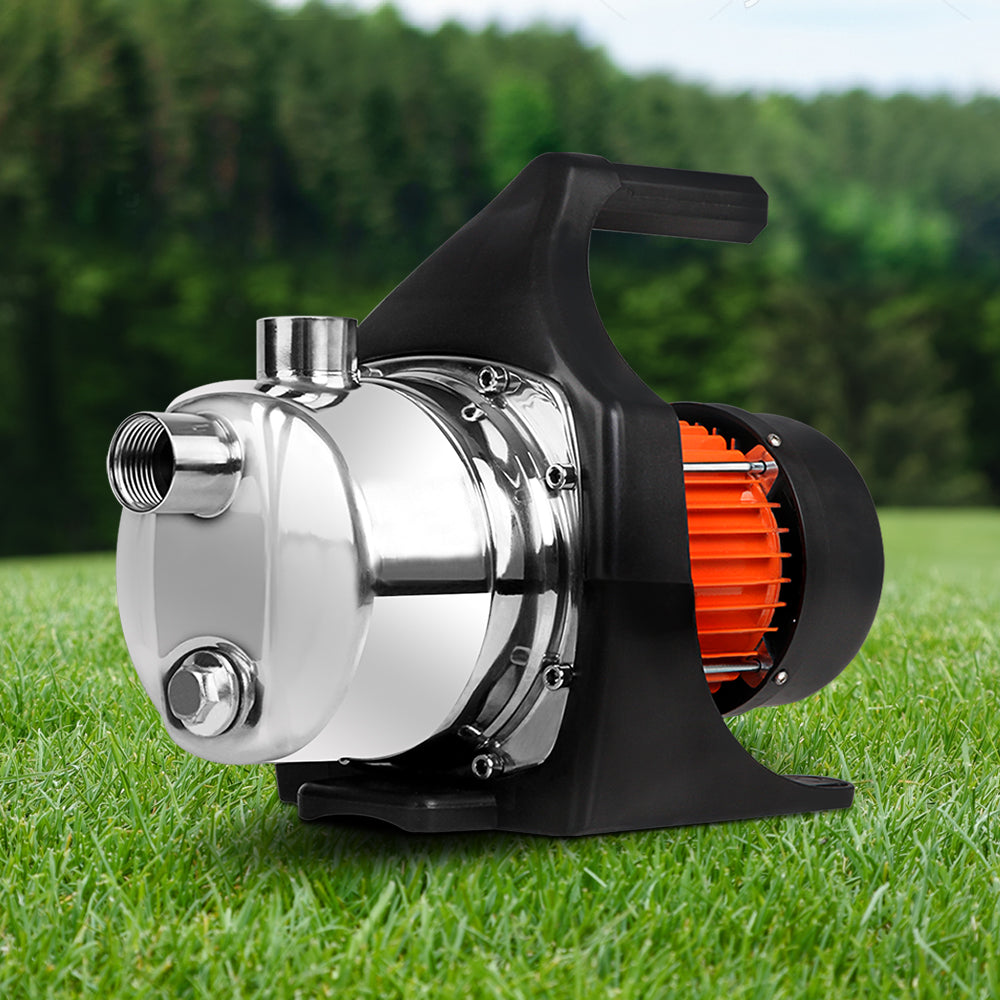 A compact, metallic garden pump with a glossy exterior finish, mounted on a black plastic base. The Giantz Garden Water Pump High Pressure 1500W Tank Rain Farm Irrigation House features a visible bronze connector on the top, a control panel with a power switch on the side, and a black handle for easy portability.