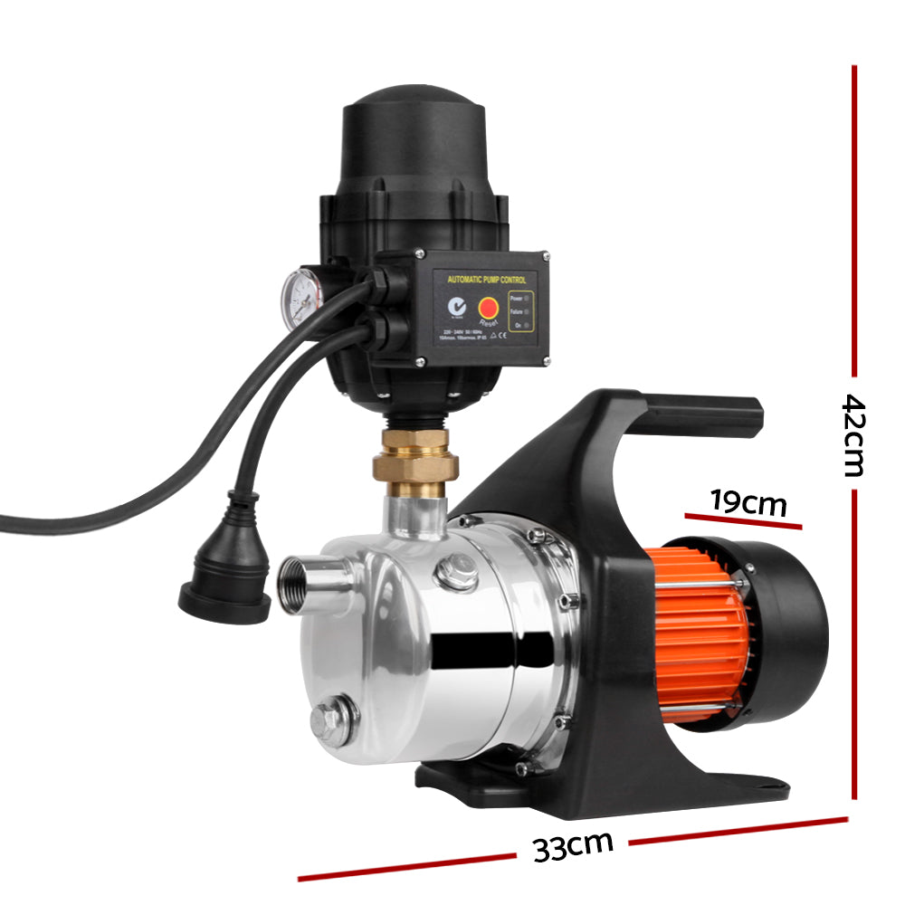 A Giantz Garden Water Pump High Pressure 1500W Tank Rain Farm Irrigation House Black with a black motor housing, red cooling fins, and built-in automatic pump control. The shiny metallic body features a pressure gauge and multiple connections for water inlet and outlet, making it perfect for irrigation tasks.