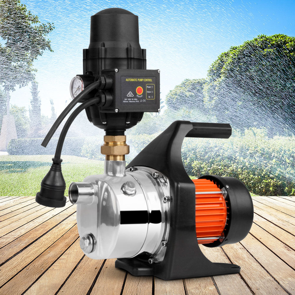 A Giantz Garden Water Pump High Pressure 1500W Tank Rain Farm Irrigation House Black with a black motor housing, red cooling fins, and built-in automatic pump control. The shiny metallic body features a pressure gauge and multiple connections for water inlet and outlet, making it perfect for irrigation tasks.