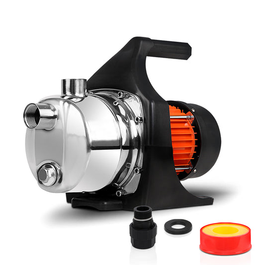 A Giantz Garden Water Pump High Pressure 800W Tank Rain Farm Irrigation House with an orange-colored motor and black handle. The 800W water pump is accompanied by a black adapter, a black washer, and a roll of yellow and red Teflon tape. The parts are neatly arranged in front of the pump, perfect for garden irrigation.