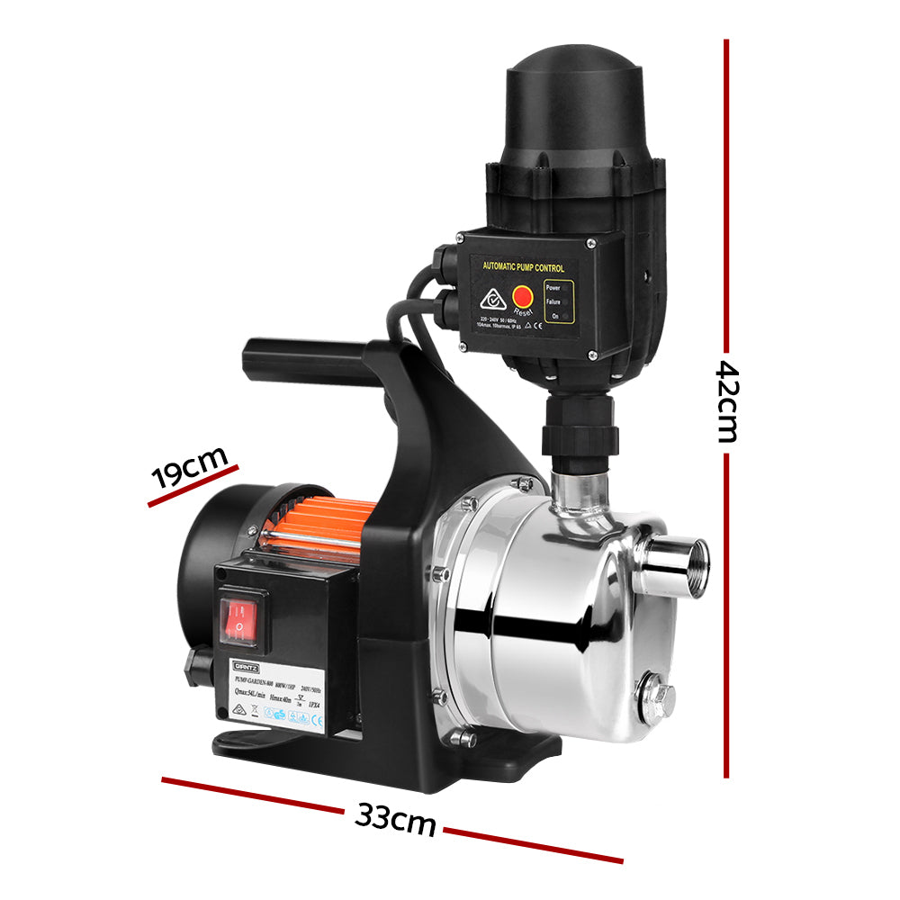 A close-up of a Giantz Garden Water Pump High Pressure 800W Tank Rain Farm Irrigation House Black showcases its stainless steel body, featuring an automatic pressure controller with an attached gauge. Various cables for power and connection highlight its compact design, making it suitable for residential or small-scale use.