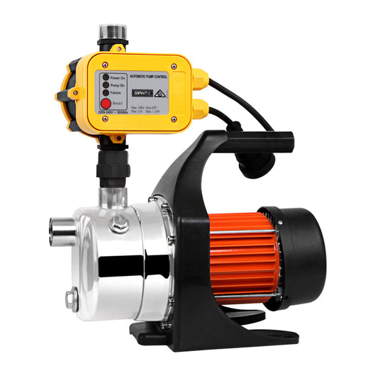 A Giantz Garden Water Jet Pump High Pressure 800W Tank Rain Farm Irrigation Yellow ideal for garden irrigation. The motor, encased in a ribbed orange shell with black mounting brackets and handle, supports a high-pressure tank. The yellow control unit attached to the pipe includes a readout screen and labeled buttons.