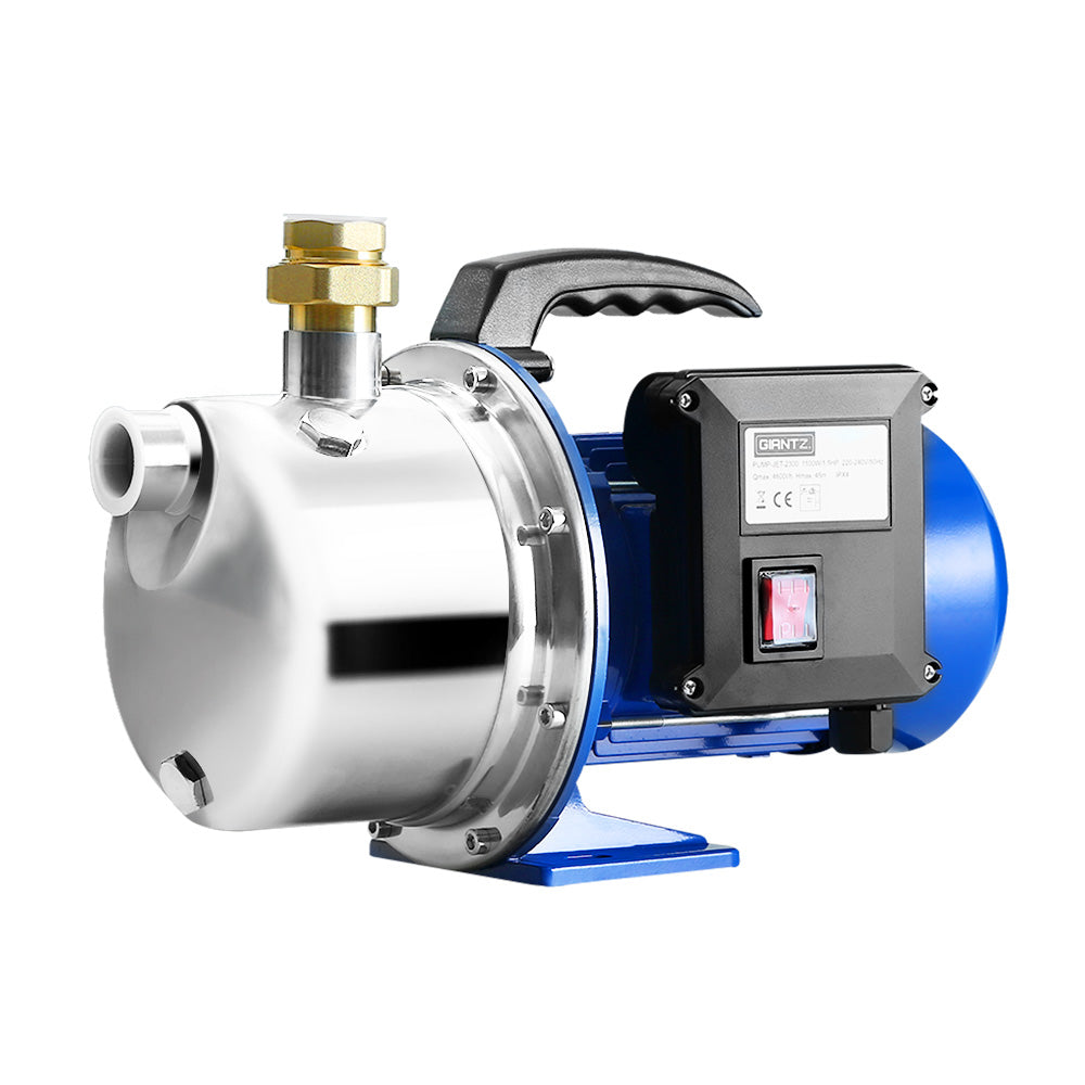 A silver and blue stainless steel **Giantz Garden Water Jet Pump High Pressure 1100W Tank Rain Farm Irrigation House** measuring 37cm in length, 22cm in height, and 14cm in width. This 1100W garden jet pump features a black handle on top, a brass fitting on the front, and a power switch visible on the side of its blue casing—ideal as a water pump for home and garden use.