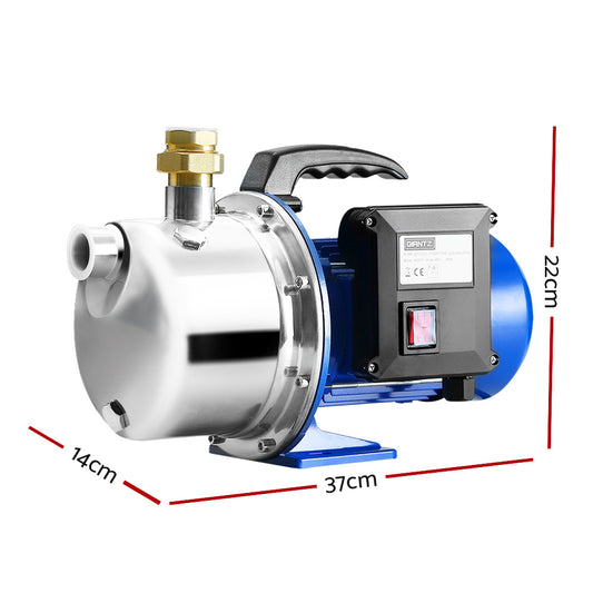 A silver and blue stainless steel **Giantz Garden Water Jet Pump High Pressure 1100W Tank Rain Farm Irrigation House** measuring 37cm in length, 22cm in height, and 14cm in width. This 1100W garden jet pump features a black handle on top, a brass fitting on the front, and a power switch visible on the side of its blue casing—ideal as a water pump for home and garden use.