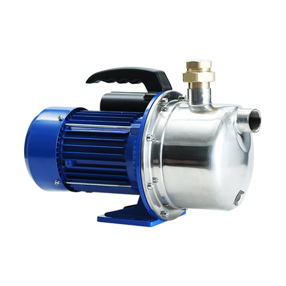 A silver and blue stainless steel **Giantz Garden Water Jet Pump High Pressure 1100W Tank Rain Farm Irrigation House** measuring 37cm in length, 22cm in height, and 14cm in width. This 1100W garden jet pump features a black handle on top, a brass fitting on the front, and a power switch visible on the side of its blue casing—ideal as a water pump for home and garden use.