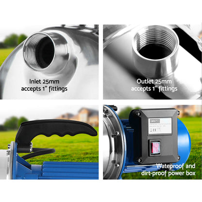 A silver and blue stainless steel **Giantz Garden Water Jet Pump High Pressure 1100W Tank Rain Farm Irrigation House** measuring 37cm in length, 22cm in height, and 14cm in width. This 1100W garden jet pump features a black handle on top, a brass fitting on the front, and a power switch visible on the side of its blue casing—ideal as a water pump for home and garden use.