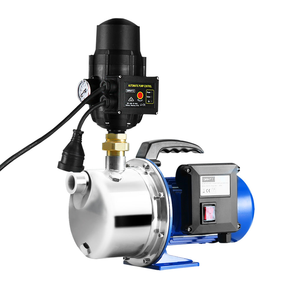 A blue and silver Giantz Garden Water Jet Pump High Pressure 1100W Tank Rain Farm Irrigation Black with a black automatic pressure controller unit attached on top. The control unit features a pressure gauge, indicator lights, and a switch. The stainless steel water pump has a sturdy handle for portability and an electrical cord for power.