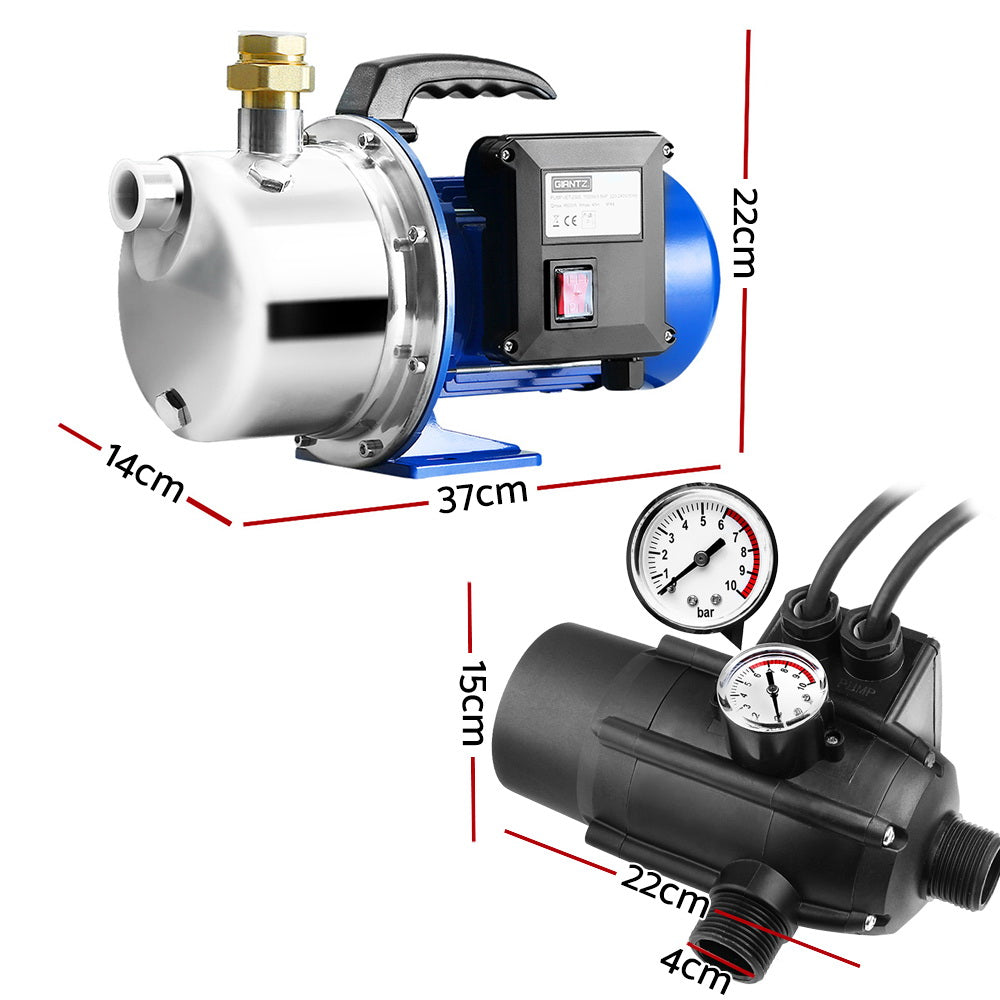 A blue and silver Giantz Garden Water Jet Pump High Pressure 1100W Tank Rain Farm Irrigation Black with a black automatic pressure controller unit attached on top. The control unit features a pressure gauge, indicator lights, and a switch. The stainless steel water pump has a sturdy handle for portability and an electrical cord for power.