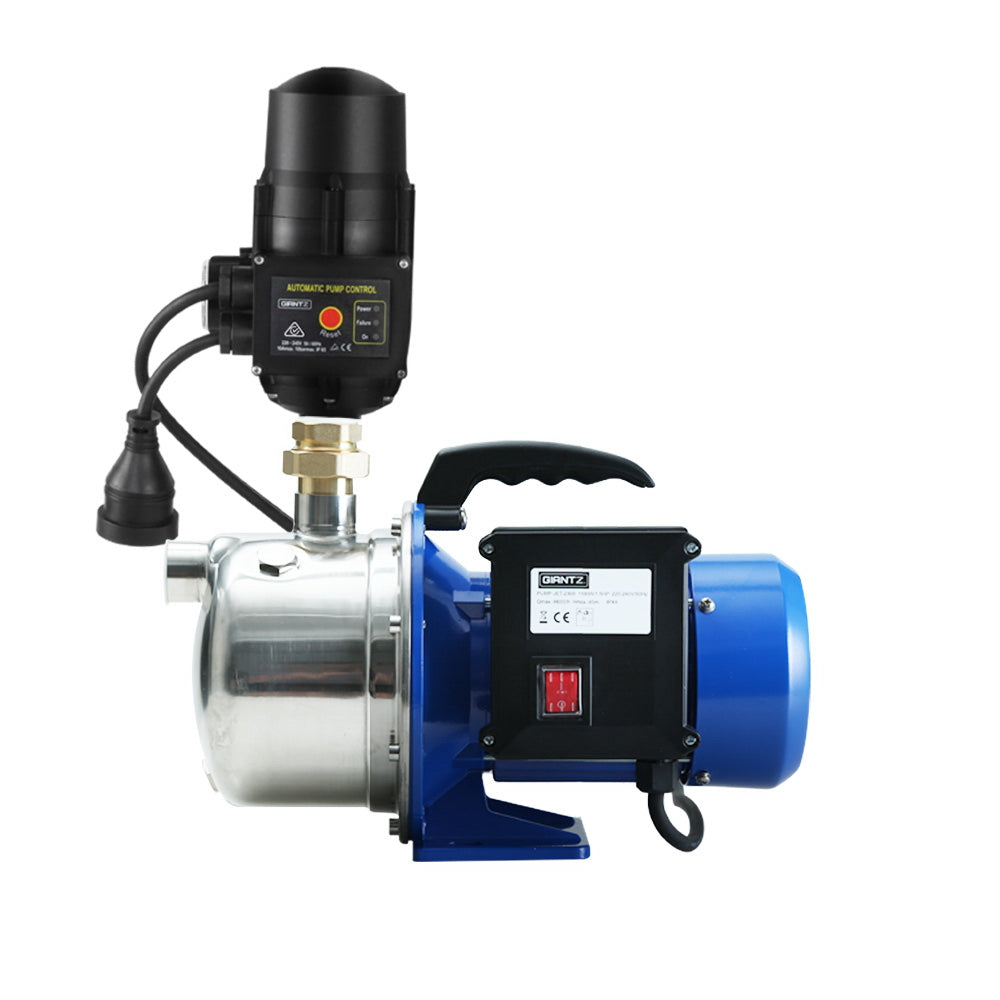 A blue and silver Giantz Garden Water Jet Pump High Pressure 1100W Tank Rain Farm Irrigation Black with a black automatic pressure controller unit attached on top. The control unit features a pressure gauge, indicator lights, and a switch. The stainless steel water pump has a sturdy handle for portability and an electrical cord for power.