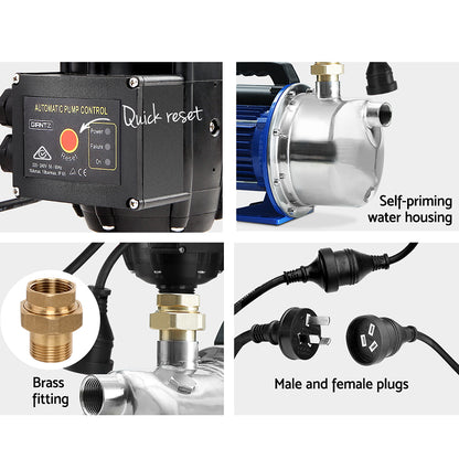 A blue and silver Giantz Garden Water Jet Pump High Pressure 1100W Tank Rain Farm Irrigation Black with a black automatic pressure controller unit attached on top. The control unit features a pressure gauge, indicator lights, and a switch. The stainless steel water pump has a sturdy handle for portability and an electrical cord for power.