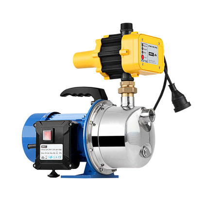 A blue and silver Giantz Garden Water Pump Jet High Pressure Controller Stage Irrigation 4600L/H with a black handle on top, featuring an automatic yellow and black pressure controller attached. The stainless steel water pump has various labels and ratings on its body, and it is equipped with an attached power cord. The setup is isolated on a white background.