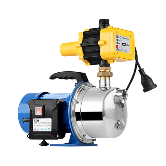 A blue and silver Giantz Garden Water Pump Jet High Pressure Controller Stage Irrigation 4600L/H with a black handle on top, featuring an automatic yellow and black pressure controller attached. The stainless steel water pump has various labels and ratings on its body, and it is equipped with an attached power cord. The setup is isolated on a white background.