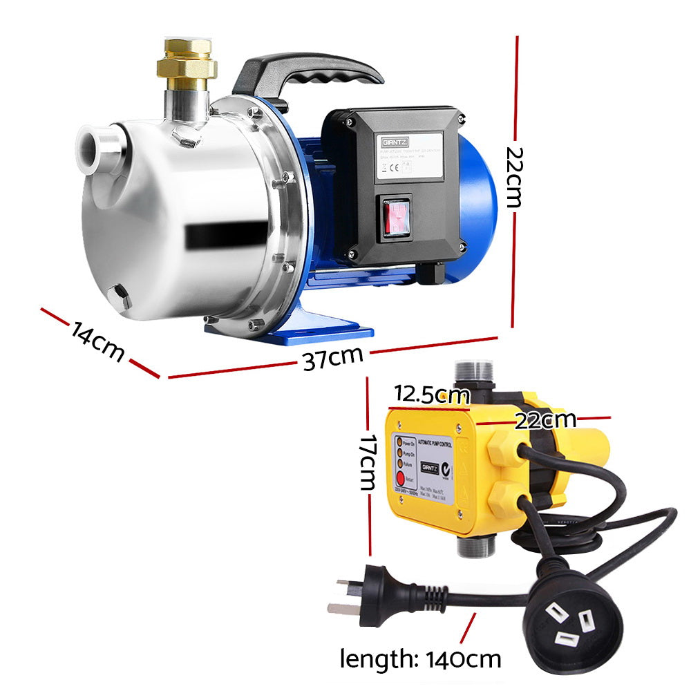 A blue and silver Giantz Garden Water Pump Jet High Pressure Controller Stage Irrigation 4600L/H with a black handle on top, featuring an automatic yellow and black pressure controller attached. The stainless steel water pump has various labels and ratings on its body, and it is equipped with an attached power cord. The setup is isolated on a white background.