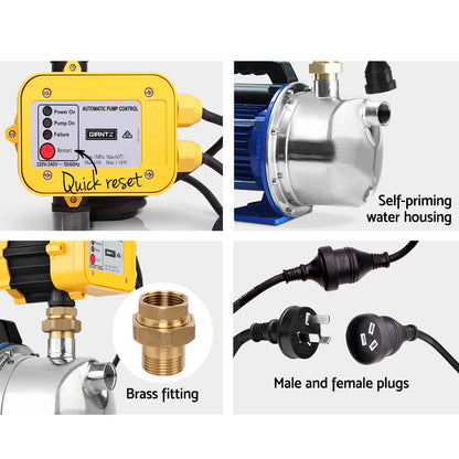 A blue and silver Giantz Garden Water Pump Jet High Pressure Controller Stage Irrigation 4600L/H with a black handle on top, featuring an automatic yellow and black pressure controller attached. The stainless steel water pump has various labels and ratings on its body, and it is equipped with an attached power cord. The setup is isolated on a white background.