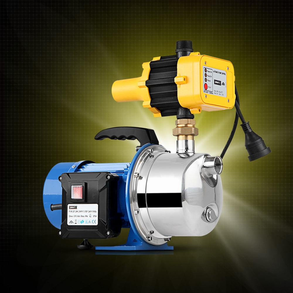 A blue and silver Giantz Garden Water Pump Jet High Pressure Controller Stage Irrigation 4600L/H with a black handle on top, featuring an automatic yellow and black pressure controller attached. The stainless steel water pump has various labels and ratings on its body, and it is equipped with an attached power cord. The setup is isolated on a white background.