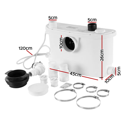 Image of a white Giantz Macerator Sewerage Pump Waste Water Marine Toilet Disposal Unit Clean with a powerful 400W motor, featuring several connectors and fittings arranged beside it. The pump has an inlet and outlet port, a power cord on the left side, and various attachment parts including hose clamps, adapters, and a durable stainless steel blade for efficient operation.