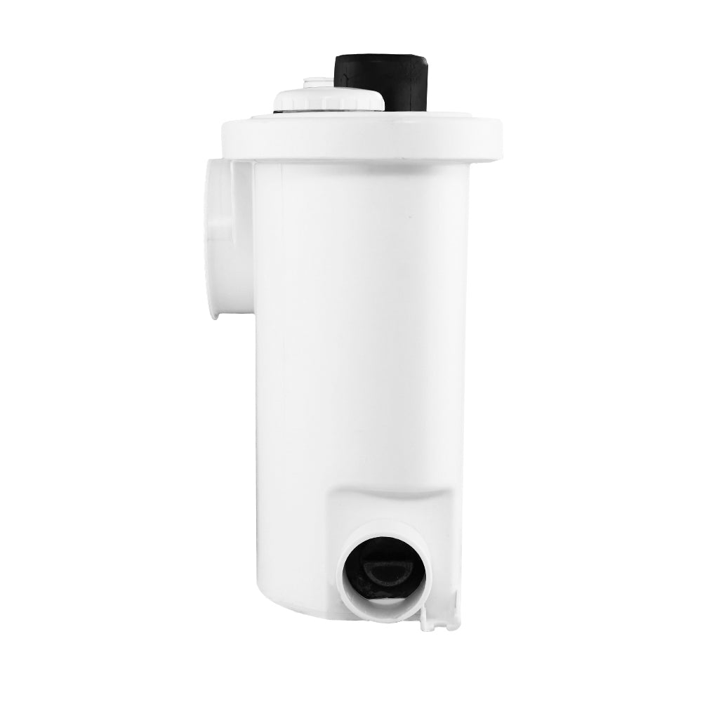 Image of a white Giantz Macerator Sewerage Pump Waste Water Marine Toilet Disposal Unit Clean with a powerful 400W motor, featuring several connectors and fittings arranged beside it. The pump has an inlet and outlet port, a power cord on the left side, and various attachment parts including hose clamps, adapters, and a durable stainless steel blade for efficient operation.