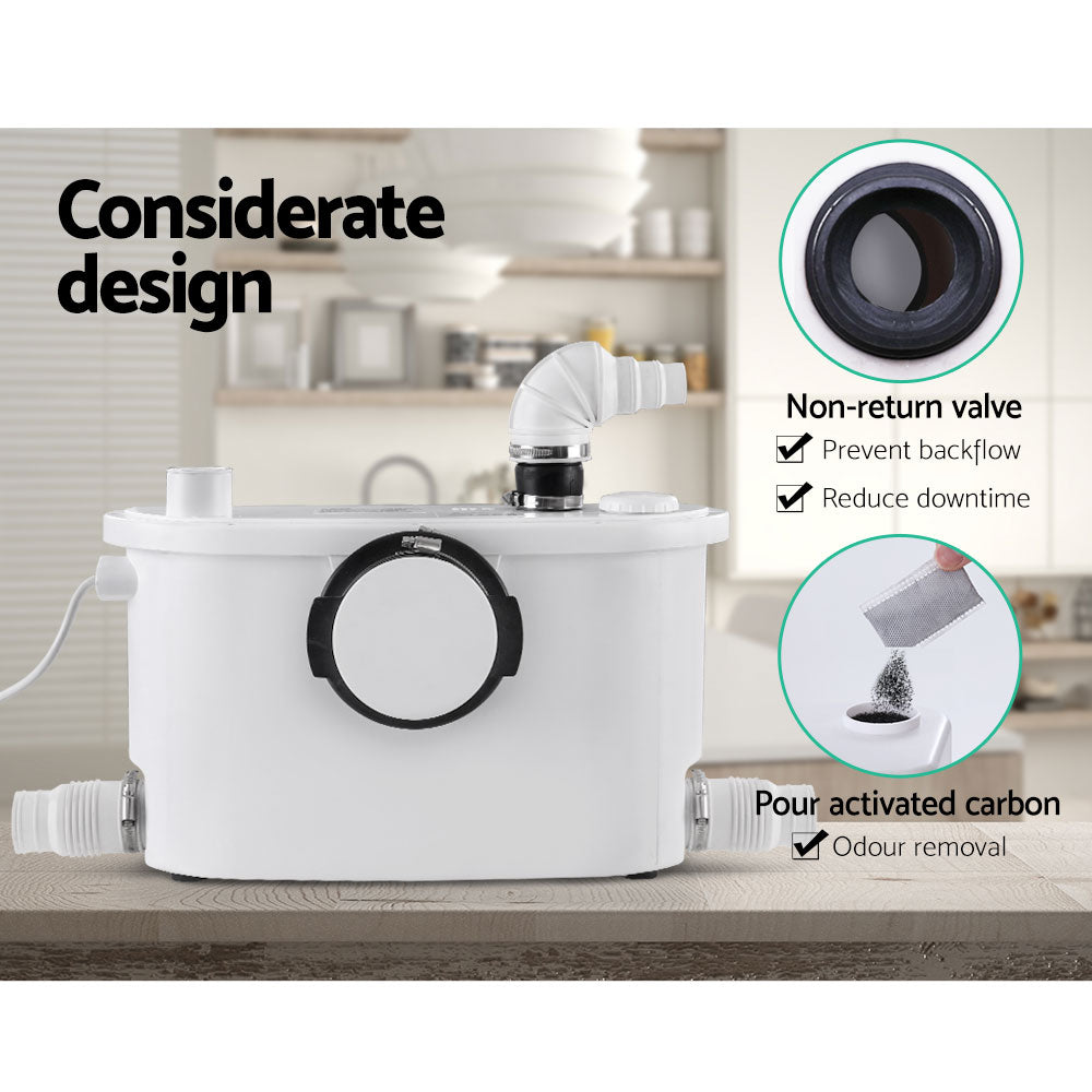 Image of a white Giantz Macerator Sewerage Pump Waste Water Marine Toilet Disposal Unit Clean with a powerful 400W motor, featuring several connectors and fittings arranged beside it. The pump has an inlet and outlet port, a power cord on the left side, and various attachment parts including hose clamps, adapters, and a durable stainless steel blade for efficient operation.