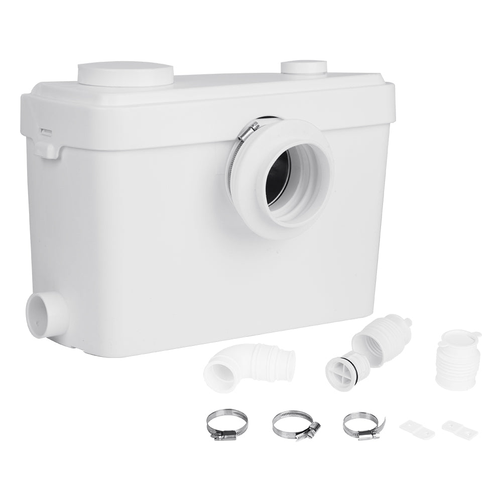 Image of a white Giantz Toilet Disposal Unit with various associated plumbing components. The 600W pump has a large central inlet and several smaller connectors. Several metal hose clamps, plastic pipe attachments, and fittings are laid out in front of the unit, highlighting its stainless steel blades.