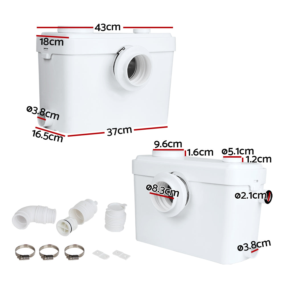 Image of a white Giantz Toilet Disposal Unit with various associated plumbing components. The 600W pump has a large central inlet and several smaller connectors. Several metal hose clamps, plastic pipe attachments, and fittings are laid out in front of the unit, highlighting its stainless steel blades.