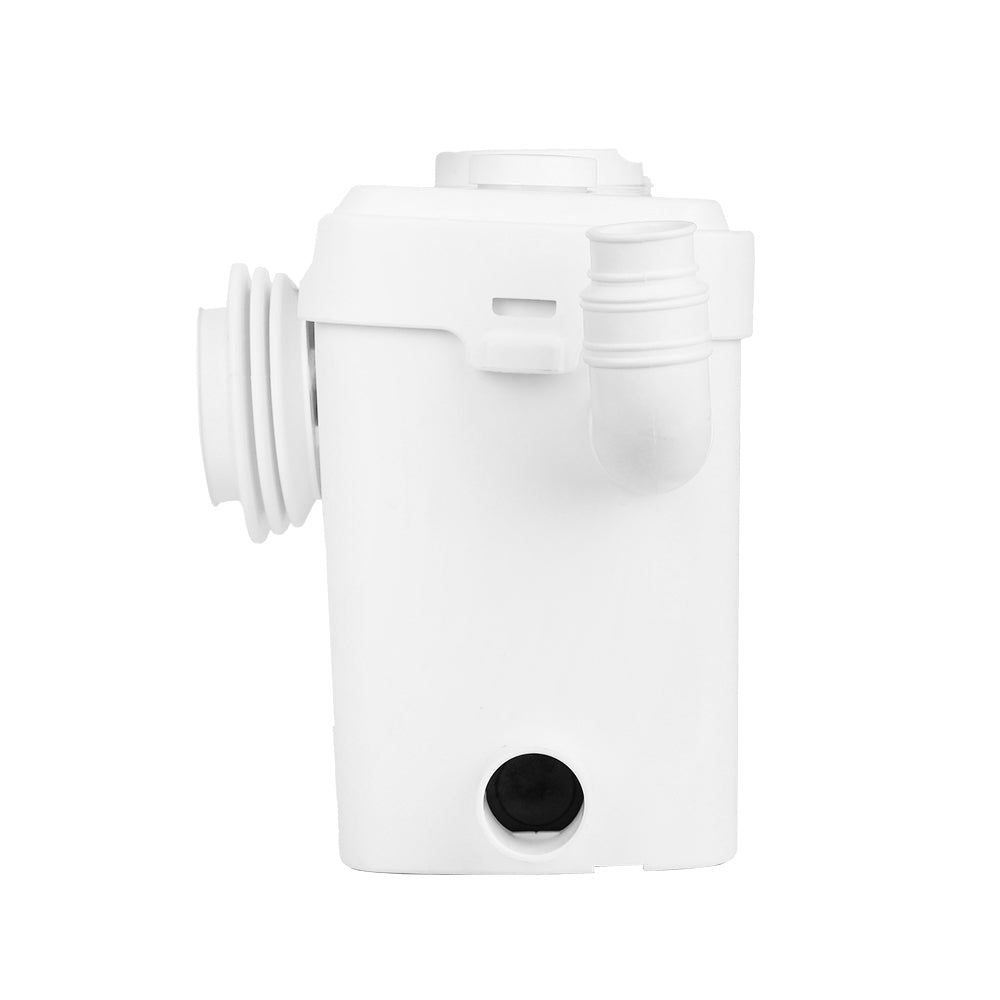 Image of a white Giantz Toilet Disposal Unit with various associated plumbing components. The 600W pump has a large central inlet and several smaller connectors. Several metal hose clamps, plastic pipe attachments, and fittings are laid out in front of the unit, highlighting its stainless steel blades.