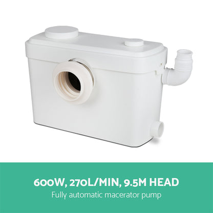 Image of a white Giantz Toilet Disposal Unit with various associated plumbing components. The 600W pump has a large central inlet and several smaller connectors. Several metal hose clamps, plastic pipe attachments, and fittings are laid out in front of the unit, highlighting its stainless steel blades.