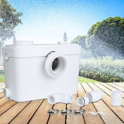 Image of a white Giantz Toilet Disposal Unit with various associated plumbing components. The 600W pump has a large central inlet and several smaller connectors. Several metal hose clamps, plastic pipe attachments, and fittings are laid out in front of the unit, highlighting its stainless steel blades.