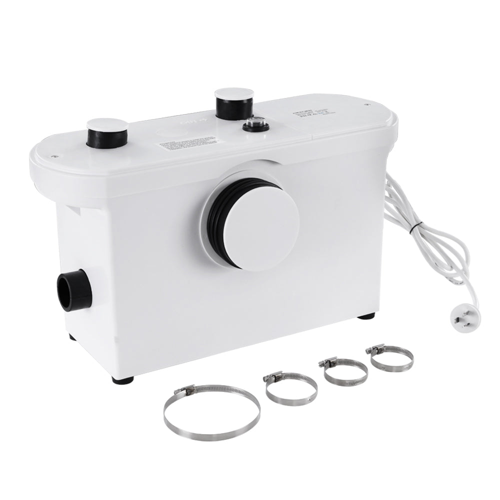 A white Giantz Macerator Sewerage Pump Waste Water Marine Toilet Disposal Laundry Unit with a powerful 600W motor, featuring three ports on top, one large central port on the front, and one port on the side. It includes a power cord with a dual-pin plug. Four hose clamps are placed in front of the pump.