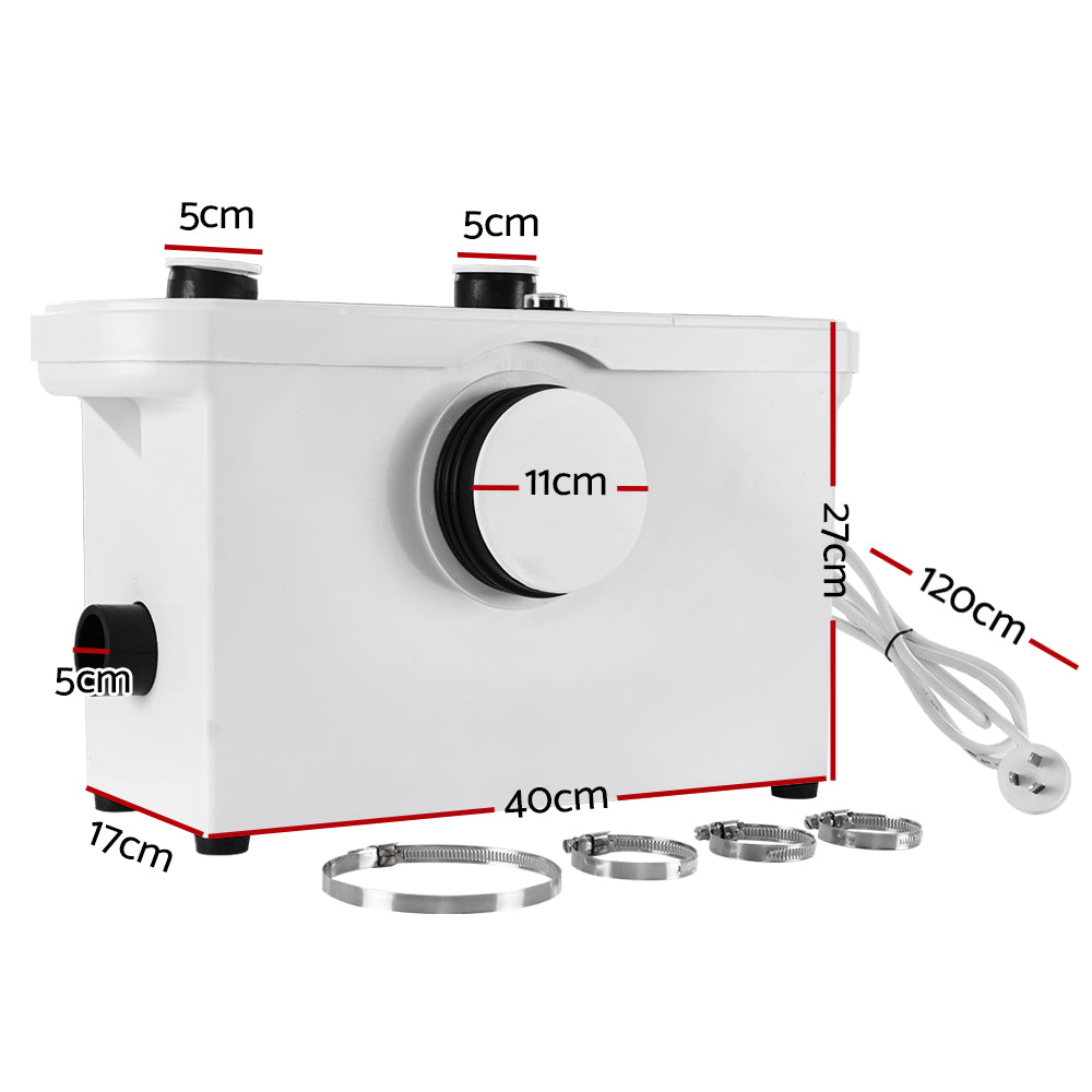 A white Giantz Macerator Sewerage Pump Waste Water Marine Toilet Disposal Laundry Unit with a powerful 600W motor, featuring three ports on top, one large central port on the front, and one port on the side. It includes a power cord with a dual-pin plug. Four hose clamps are placed in front of the pump.