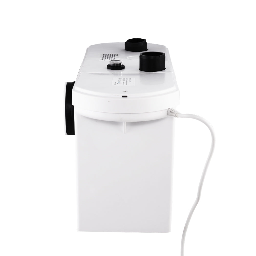 A white Giantz Macerator Sewerage Pump Waste Water Marine Toilet Disposal Laundry Unit with a powerful 600W motor, featuring three ports on top, one large central port on the front, and one port on the side. It includes a power cord with a dual-pin plug. Four hose clamps are placed in front of the pump.