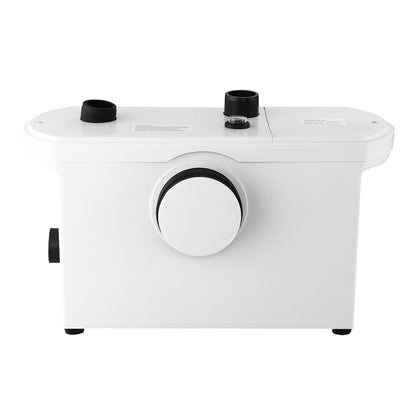 A white Giantz Macerator Sewerage Pump Waste Water Marine Toilet Disposal Laundry Unit with a powerful 600W motor, featuring three ports on top, one large central port on the front, and one port on the side. It includes a power cord with a dual-pin plug. Four hose clamps are placed in front of the pump.