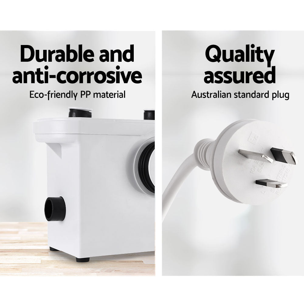 A white Giantz Macerator Sewerage Pump Waste Water Marine Toilet Disposal Laundry Unit with a powerful 600W motor, featuring three ports on top, one large central port on the front, and one port on the side. It includes a power cord with a dual-pin plug. Four hose clamps are placed in front of the pump.