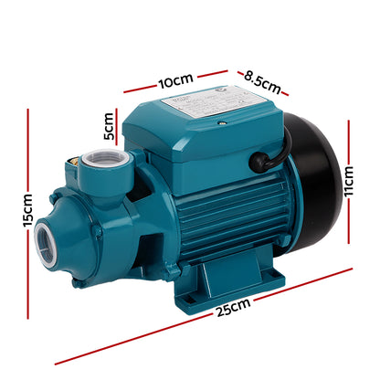 Close-up images of a teal-colored electric motor, highlighting the TEFC cooling system with efficient ventilation on the left, and the waterproof and dirt-proof power box on the right, ideal for a Giantz Peripheral Water Pump Garden Boiler Car Wash Electric Irrigation QB60.