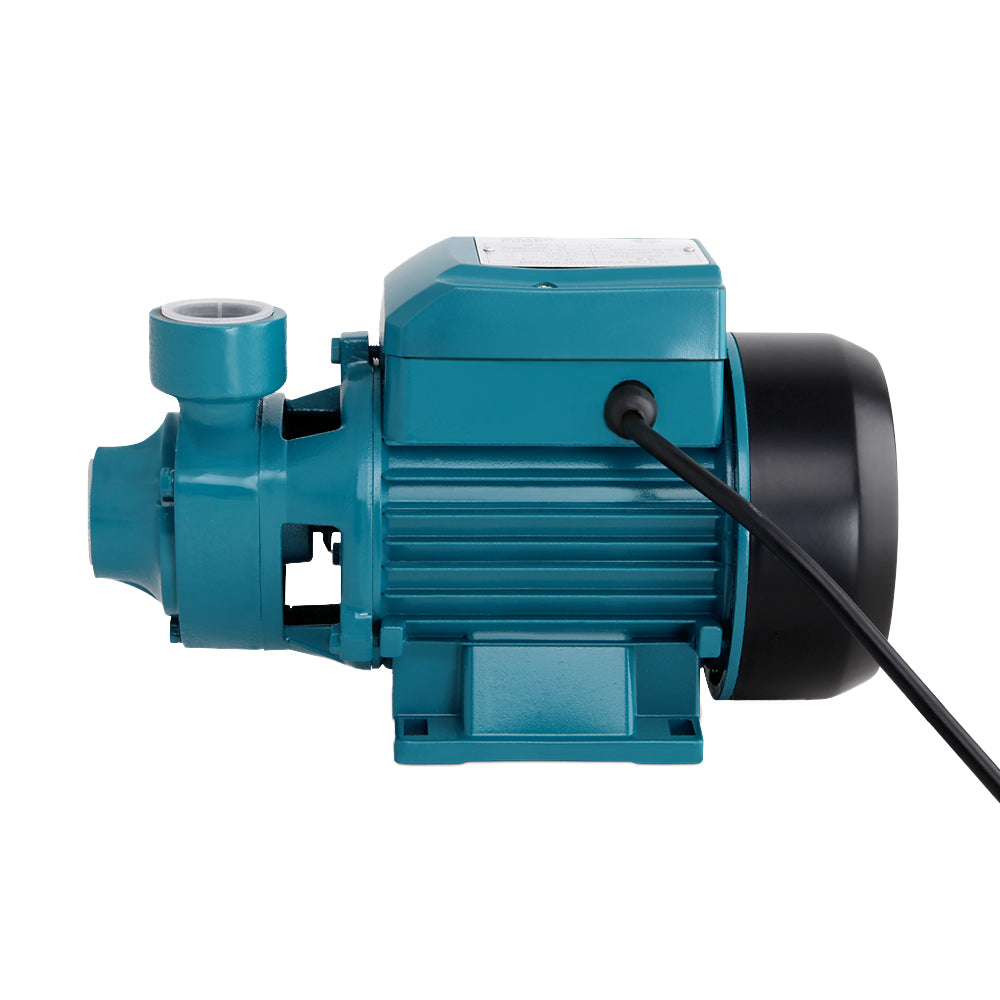 Close-up images of a teal-colored electric motor, highlighting the TEFC cooling system with efficient ventilation on the left, and the waterproof and dirt-proof power box on the right, ideal for a Giantz Peripheral Water Pump Garden Boiler Car Wash Electric Irrigation QB60.