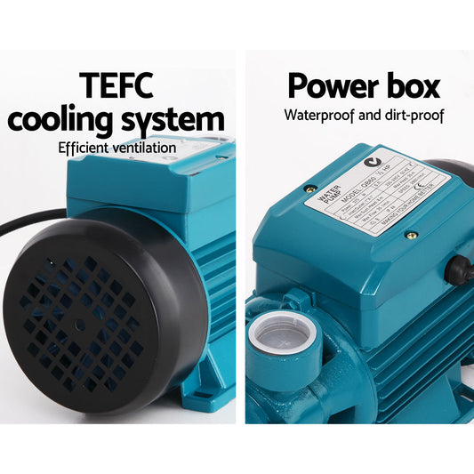 Close-up images of a teal-colored electric motor, highlighting the TEFC cooling system with efficient ventilation on the left, and the waterproof and dirt-proof power box on the right, ideal for a Giantz Peripheral Water Pump Garden Boiler Car Wash Electric Irrigation QB60.