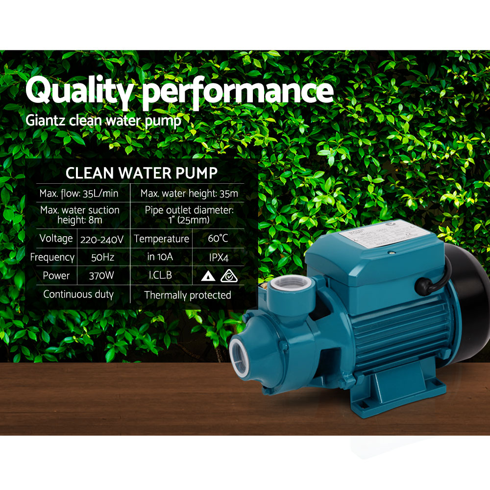 Close-up images of a teal-colored electric motor, highlighting the TEFC cooling system with efficient ventilation on the left, and the waterproof and dirt-proof power box on the right, ideal for a Giantz Peripheral Water Pump Garden Boiler Car Wash Electric Irrigation QB60.