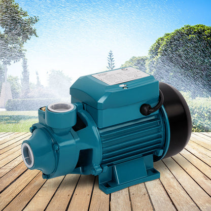 Close-up images of a teal-colored electric motor, highlighting the TEFC cooling system with efficient ventilation on the left, and the waterproof and dirt-proof power box on the right, ideal for a Giantz Peripheral Water Pump Garden Boiler Car Wash Electric Irrigation QB60.