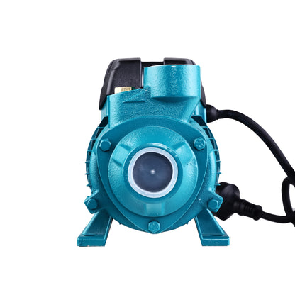 A teal and black Giantz Peripheral Water Pump Garden Boiler Car Wash Auto Irrigation House QB60 with metal housing and a solid base for stability. The pump features two pipe connections, a rust-resistant brass impeller, and a robust motor unit. The casing has heat dissipation fins, while the overall design is compact and industrial to increase water pressure effectively.