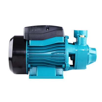 A teal and black Giantz Peripheral Water Pump Garden Boiler Car Wash Auto Irrigation House QB60 with metal housing and a solid base for stability. The pump features two pipe connections, a rust-resistant brass impeller, and a robust motor unit. The casing has heat dissipation fins, while the overall design is compact and industrial to increase water pressure effectively.