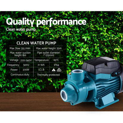 A teal and black Giantz Peripheral Water Pump Garden Boiler Car Wash Auto Irrigation House QB60 with metal housing and a solid base for stability. The pump features two pipe connections, a rust-resistant brass impeller, and a robust motor unit. The casing has heat dissipation fins, while the overall design is compact and industrial to increase water pressure effectively.