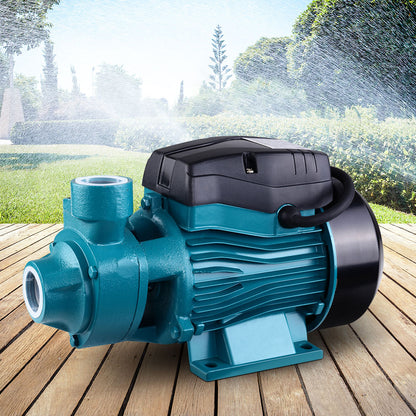 A teal and black Giantz Peripheral Water Pump Garden Boiler Car Wash Auto Irrigation House QB60 with metal housing and a solid base for stability. The pump features two pipe connections, a rust-resistant brass impeller, and a robust motor unit. The casing has heat dissipation fins, while the overall design is compact and industrial to increase water pressure effectively.