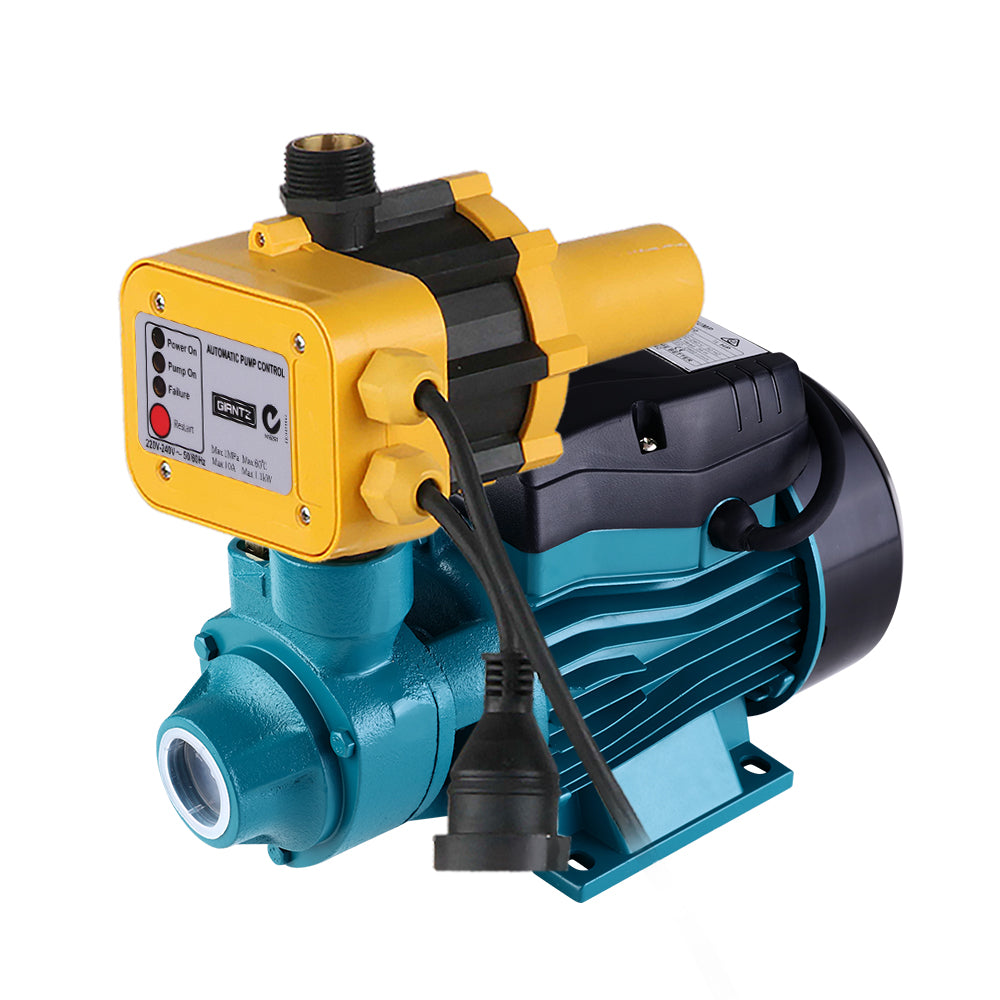 A blue and yellow Giantz Peripheral Water Pump Garden Boiler Car Wash Electric Irrigation QB60 Yellow with an automatic controller, featuring a control panel with indicator lights and a switch. The pump has an inlet and outlet for water flow, is ideal for low water pressure situations, and is mounted on a blue base for stability.