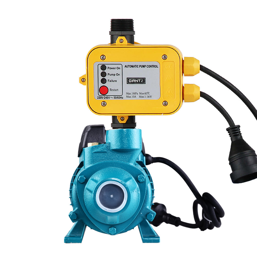 A blue and yellow Giantz Peripheral Water Pump Garden Boiler Car Wash Electric Irrigation QB60 Yellow with an automatic controller, featuring a control panel with indicator lights and a switch. The pump has an inlet and outlet for water flow, is ideal for low water pressure situations, and is mounted on a blue base for stability.