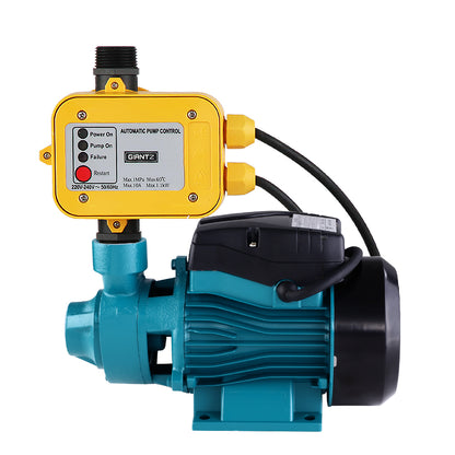 A blue and yellow Giantz Peripheral Water Pump Garden Boiler Car Wash Electric Irrigation QB60 Yellow with an automatic controller, featuring a control panel with indicator lights and a switch. The pump has an inlet and outlet for water flow, is ideal for low water pressure situations, and is mounted on a blue base for stability.