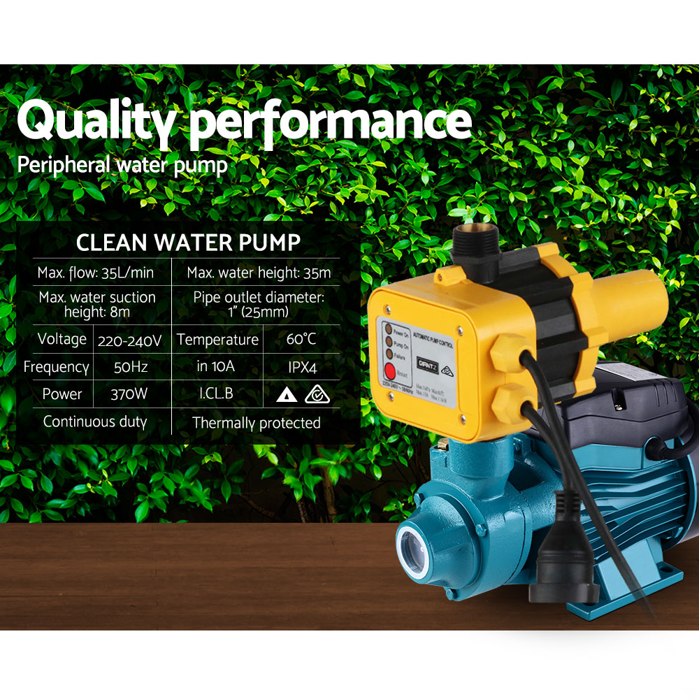 A blue and yellow Giantz Peripheral Water Pump Garden Boiler Car Wash Electric Irrigation QB60 Yellow with an automatic controller, featuring a control panel with indicator lights and a switch. The pump has an inlet and outlet for water flow, is ideal for low water pressure situations, and is mounted on a blue base for stability.