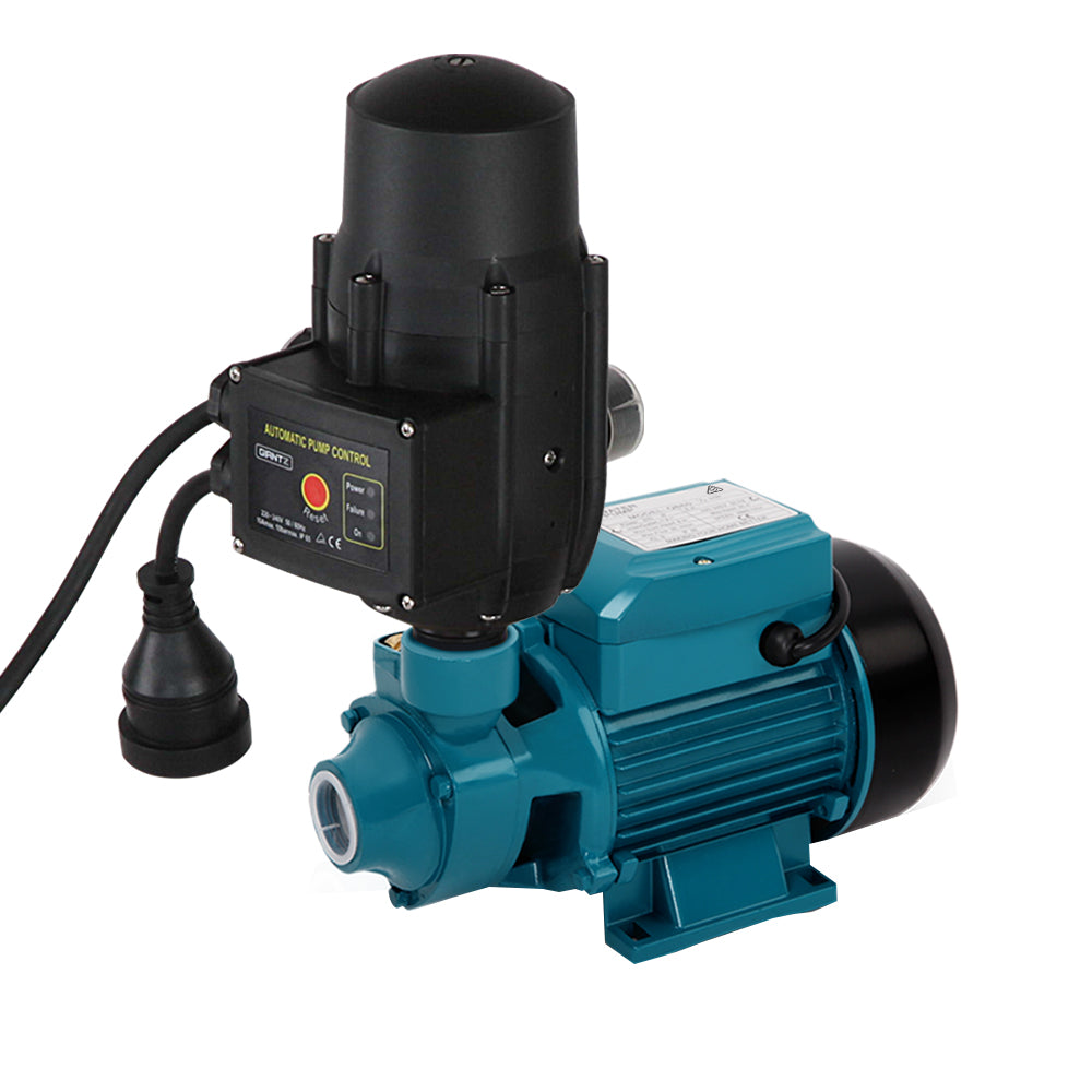 An electric water pump, perfect for garden irrigation, features an automatic pump control attachment. The Giantz Auto Peripheral Pump Clean Water Garden Farm Rain Tank Irrigation QB60 is primarily teal with black and grey components, and it includes a rust-resistant impeller. A power cord connects to the automatic pump control unit.